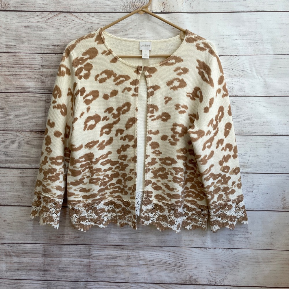 CHICOS CHARLEE CHEETAH LACE HEM‎ COTTON CARDIGAN 
SWEATER